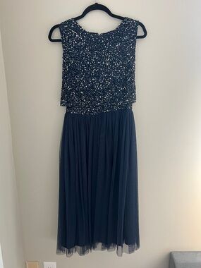 Navy Sequin Overlay Midi Dress